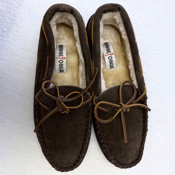 Minnetonka Mens Pile Lined Hardsole Moccasin Slipper Chocolate Brown 3908 Sz 10M - Picture 10 of 12